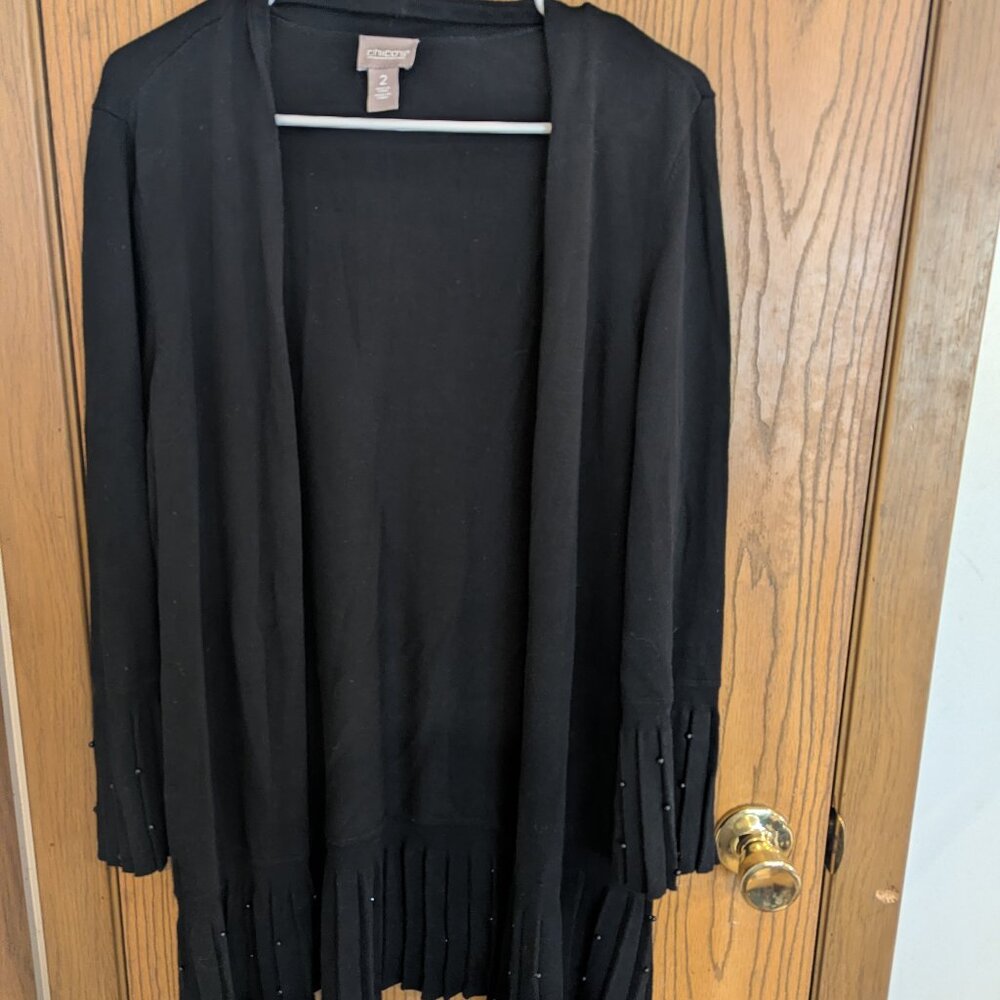 Chico's Knit Cotton Blend Open Front Black Cardigan w/Bead Accents- 2‎ (L)